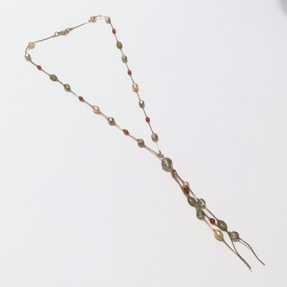 Gold Tone Earth Tone Bead Y Drop Tassel Necklace Faux Pearls - Picture 7 of 8